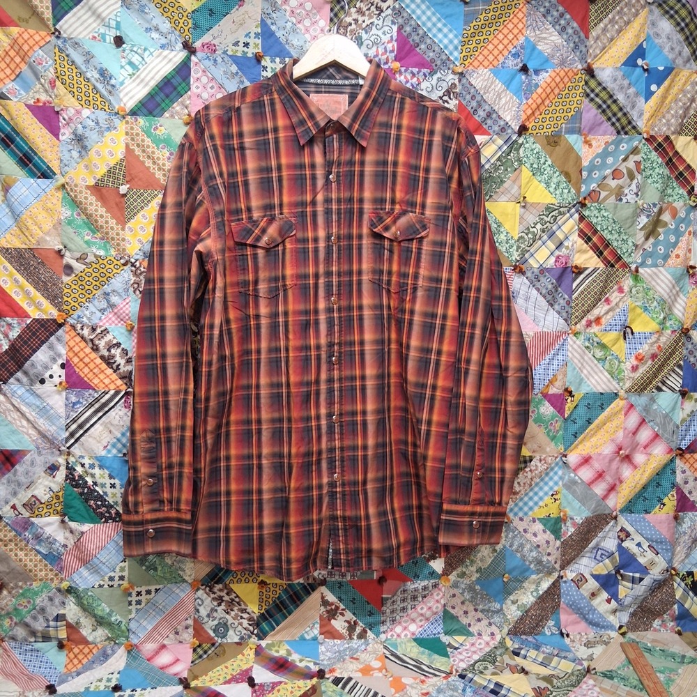 Age of Wisdom Button Front Shirt Mens XXL Orange‎ Plaid Western Pearl Snap